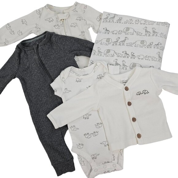 Newborn Baby Bundle Gift Set One Piece Cardigan Zipper Pajamas Blanket Safari - Picture 1 of 16